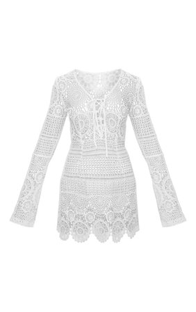 White Tie Flare Sleeve Crochet Lace Dress | PrettyLittleThing