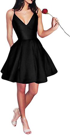 Yangprom Short Spaghetti Straps V-Neck A-line Homecoming Dress with Pockets (10, Black) at Amazon Women’s Clothing store: