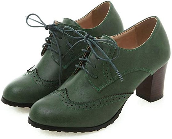 Amazon.com | Vimisaoi Women's Vintage Oxfords Brogues Wingtip Chunky Block Heel Shoes, Lace-up Perforated Stacked Pumps Dress Saddle Shoes Gift | Pumps
