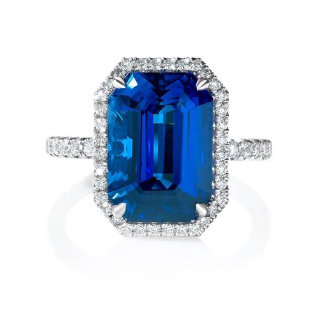 RING CONCIERGE - SAPPHIRE EMERALD CUT WITH DIAMOND HALO ENGAGEMENT RING