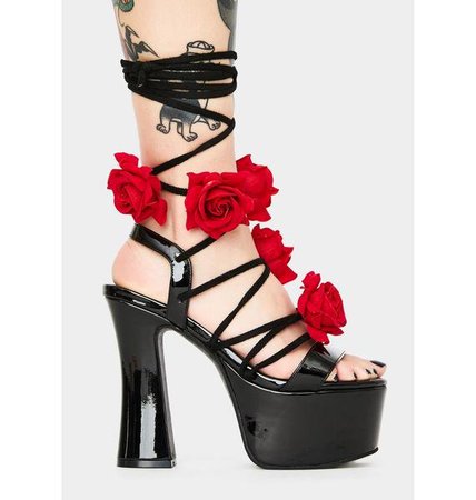 Sugar Thrillz 3D Rose Platform Lace Up Wrap Heels Black Red | Dolls Kill