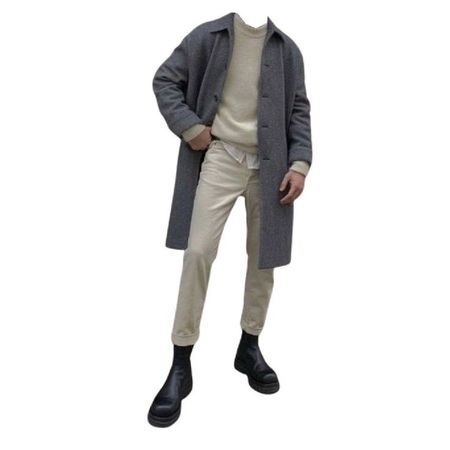 off white sweater pants gray coat black boots shoes full outfit png