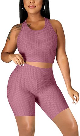 Women's 2 Piece Workout Outfits Tracksuit GYM Sexy Crop Tank Top Biker Shorts Set at Amazon Women’s Clothing store