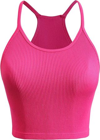 Attifall Ribbed Crop Tank Top for Women Seamless Racerback Spaghetti Strap Cami Workout Sports Cropped Tops(Hot Pink-XS/S at Amazon Women’s Clothing store