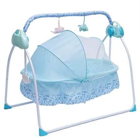 ✨ LOYALHEARTDY Baby Cradle Swing 5 Speed Electric Stand Crib Auto Rocking Chair Bed with Remote Control Infant Musical Sleeping Basket for 0-18 Months Newborn Babies, Mosquito Net+Mat+Pillow (Blue) — 🛍️ The Retail Market