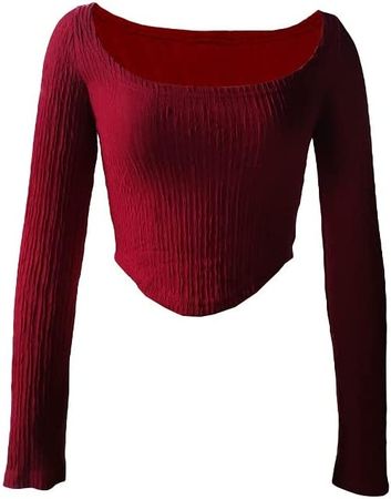 Women Square Neck Ribbed Long Sleeve Crop Top Casual Slim Fit Basic Tee Shirt Sexy Solid Color Fall Knit Tees at Amazon Women’s Clothing store