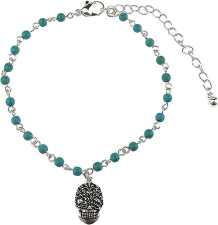 Amazon.com: Jucicle Antique Silver Sugar Skull Charm Turquoise Bead Link Anklet: Clothing, Shoes & Jewelry