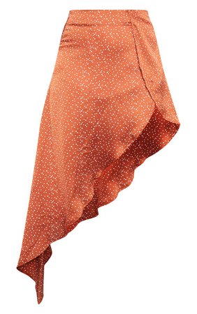 Rust Polka Dot Satin Asymmetric Skirt | PrettyLittleThing