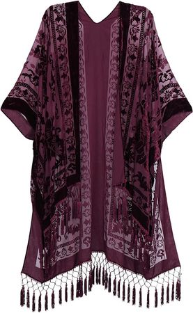 WeHello Women's Burnout Velvet Kimono Long Cardigan Cover Up Without Tassel (Black/Purple)… at Amazon Women’s Clothing store