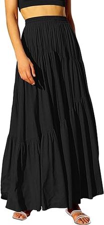 Amazon.com: ANRABESS Women’s Boho Elastic High Waist Pleated A-Line Flowy Swing Asymmetric Tiered Maxi Long Skirt Dress with Pockets 617heise-M Black : Clothing, Shoes & Jewelry