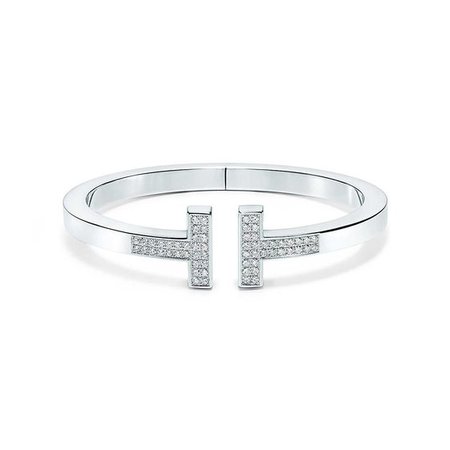 Tiffany T square bracelet in 18k white gold with pavé diamonds, medium. | Tiffany & Co.