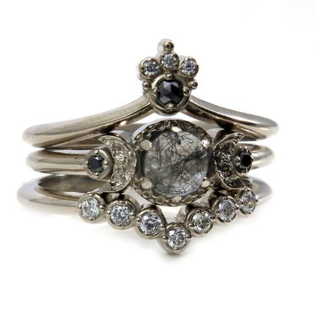 Celestial Goth Engagement Ring Set Black Rutile Quartz Moon | Etsy