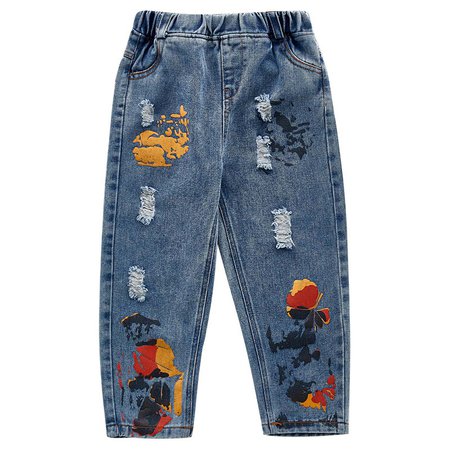 Kid Stylish Printed Scrub Design Jeans For Girls at PatPat.com