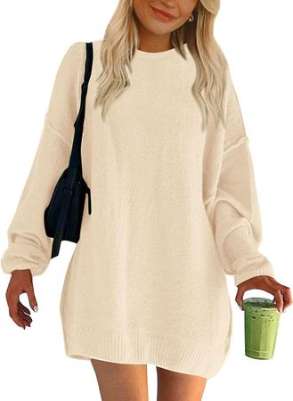 BTFBM 2023 Womens Sweaters Casual Crewneck Long Sleeve Oversized Sweater Dress Fall Winter Loose Slouchy Soft Pullover(Solid Beige, Small) at Amazon Women’s Clothing store