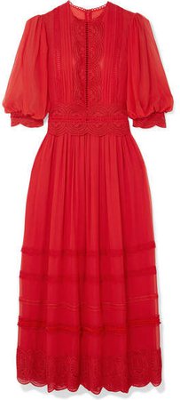 Costarellos - Crocheted Lace-trimmed Silk Crepe De Chine Maxi Dress - Red