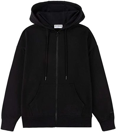 BETTERCHIC Women's Hooded Sweatshirt Casual Soft Brushed Fleece Hoody Drop Shoulder Full Zip Up Hoodie (BLACK,S) : Clothing, Shoes & Jewelry