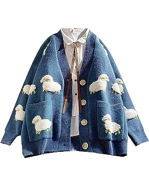 Women Long Sleeve Knit Loose Cardigan Cartoon Sheep V-Neck Button Sweater Open Front Knit Coat (Blue,One Size) at Amazon Women’s Clothing store