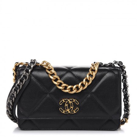 CHANEL Goatskin Quilted Chanel 19 Wallet On Chain WOC Black 478415
