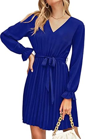 PRETTYGARDEN Women's Casual Spring Dresses Long Puff Sleeve V Neck Pleated Ruffle Flowy Belted Dress (Royal Blue,XX-Large) at Amazon Women’s Clothing store