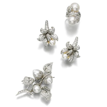 Cultured pearl and diamond ring, Van Cleef & Arpels, and pair of earrings and brooch