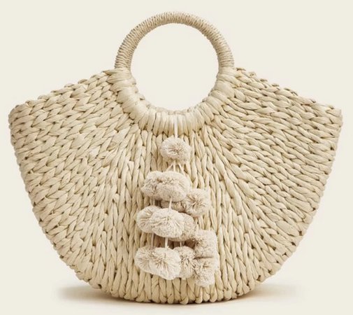 Pom-Pom Decor Ring Handle Woven Bag