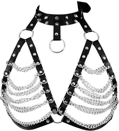 *clipped by @luci-her* Female PU Leather Body Harness Bra Hollow Body cage Alloy Carnival Punk Goth Adjustable Belt Dance Costume (Black+Gold): Clothing, Shoes & Jewelry