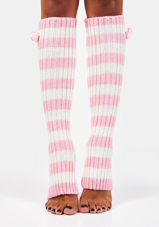 Striped Knit Satin Rose Leg Warmers Pink White | Dolls Kill