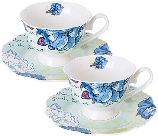 Amazon.com | Eileen's Reserve Bone China 4-Piece Tea Cup and Saucer Set, Blue Peony, Set of 2: Cup & Saucer Sets