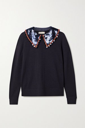 Navy Convertible embellished merino wool sweater | Tory Burch | NET-A-PORTER