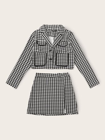 Notched Collar Pocket Patched Houndstooth Blazer & Skirt Set | SHEIN USA