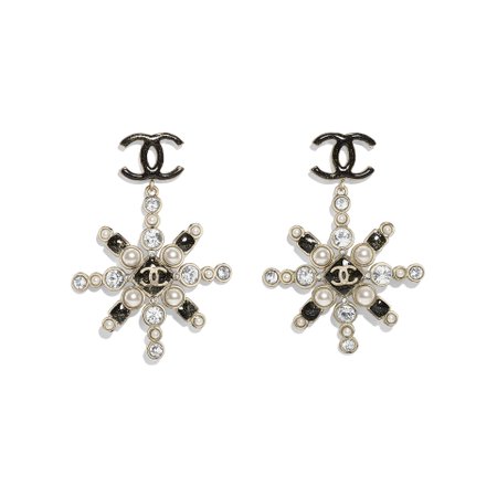 Metal, Glass Pearls & Strass Gold, Pearly White, Black & Crystal Earrings | CHANEL