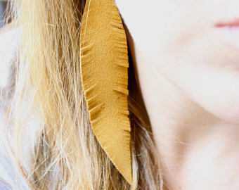 Large Mustard Feather Earrings