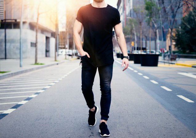 man black tee and jeans