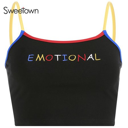 Sweetown Black Print Kawaii Crop Tank Top Haut Femme Summer 2019 Edge Patchwork Contrast Color Cute Cropped Feminino Party Tops-in Tank Tops from Women's Clothing on AliExpress