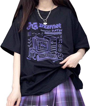 Amazon.com: Women Kawaii Clothes Pastel Goth Japanese Harajuku Fashion Soft Crewneck Cartoon Vintage Computer Print T-Shirt (M, Black) : Clothing, Shoes & Jewelry
