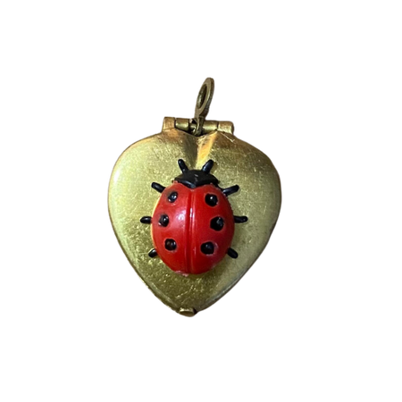 LADYBUG HEART LOCKET Miniature Lady Bug Vintage Charm Kitschy Pendant Retro Jewelry Finding