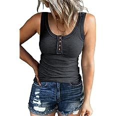 BTFBM Women's Summer Ribbed Tank Tops Crew Neck Button Down Slim Fit Basic Sleeveless Tunic Blouse Casual Henley Shirts(Sleeveless Grey, Large) at Amazon Women’s Clothing store