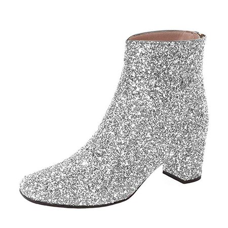 Amazon.com | XYD Glitter Low Block Heel Ankle Boots Sequins Round Toe Dress Booties Shoes with Zips Size 9.5 Glitter-Silver Back Zip 2.5" | Ankle & Bootie
