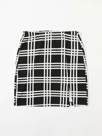 Split Hem Plaid Skirt | SHEIN USA black