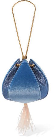 THE VOLON - Cindy Feather-trimmed Metallic Leather And Velvet Clutch - Blue