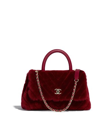 Small Flap Bag With Top Handle, shearling lambskin, lambskin &gold-tone metal, burgundy - CHANEL