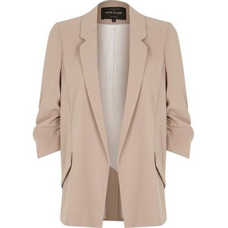 River Island Beige ruched sleeve blazer ($110) ❤ liked on Polyvore featuring outerwear, jackets, blazers, blazer, cream, 3/4 sleeve jacket, brown jacket, brown …