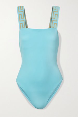 Sky blue Jacquard-trimmed swimsuit | Versace | NET-A-PORTER