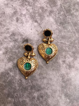 Vintage designer pierced gold heart earrings with green black | Etsy