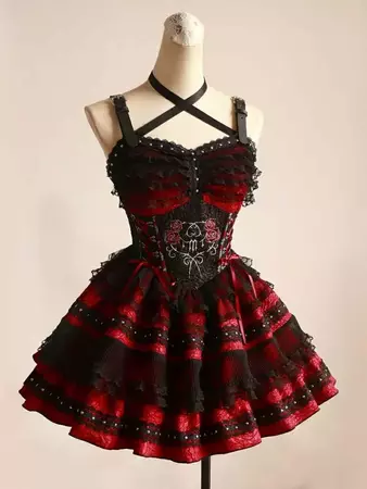 Rose Thorn Color Red Sweetheart Neckline Floral Embroidery Jumper Skirt Short Version