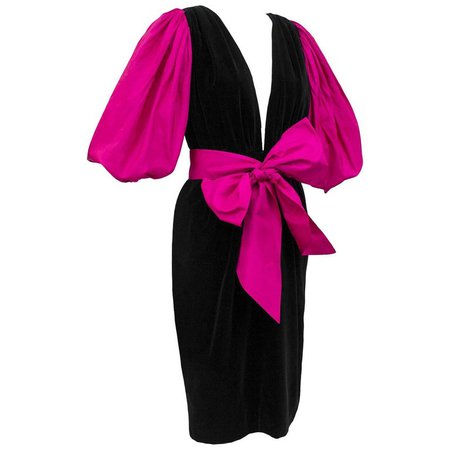 1980s Yves Saint Laurent/YSL Black Velvet Dress with Pink Balloon Sleeves and Bow For Sale at 1stdibs