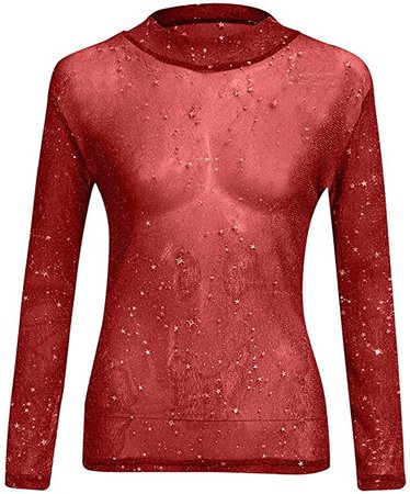 Women Sheer Mesh Glitter Sequin T Shirt/Bodysuit See Through Long Sleeve Turtleneck Sparkle Tee Blouse Tops Clubwear (S-Brown, XL) at Amazon Women’s Clothing store