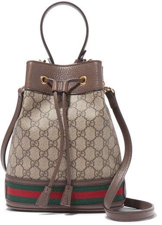 Ophidia Small Textured Leather-trimmed Printed Coated-canvas Bucket Bag - Brown