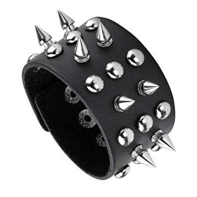 Milakoo Black Metal Spike Studded Punk Rock Biker Wide Strap Leather Bracelet Chain Wristband Adjustable: Jewelry