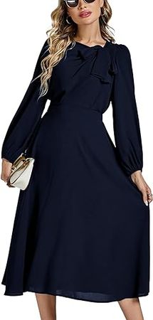 LYANER Women's Elegant Bow Tie Crew Neck Puff Long Sleeve A-Line Swing Midi Dress at Amazon Women’s Clothing store